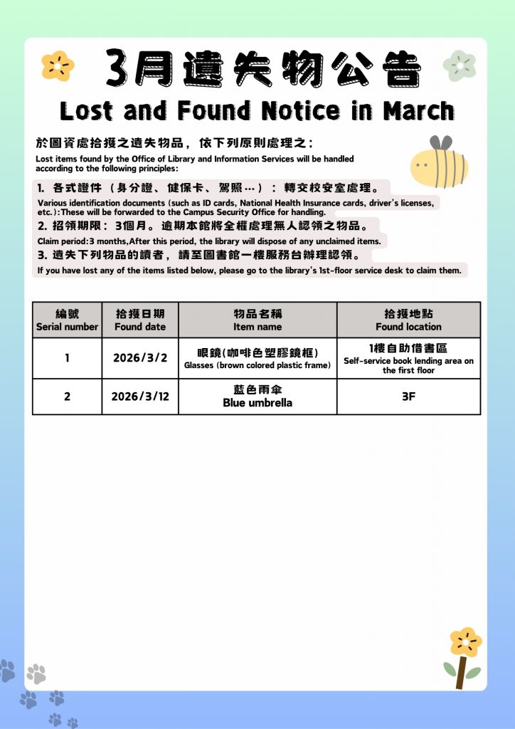 3月遺失物公告Lost and Found Notice in March